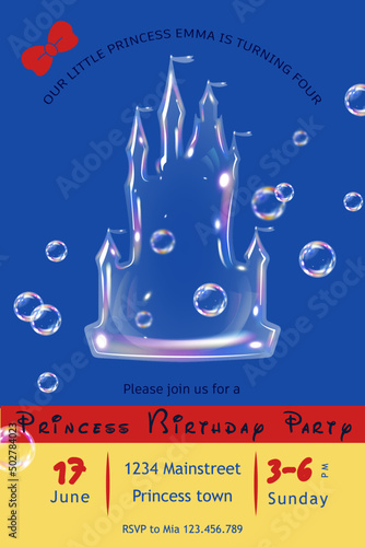 Princess birthday party invitation with bubble castle and bubbles in snowwhite style  photo