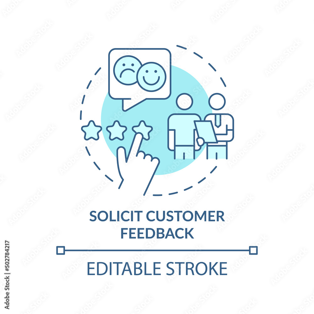 Solicit customer feedback turquoise concept icon. Identifying customer needs abstract idea thin line illustration. Isolated outline drawing. Editable stroke. Arial, Myriad Pro-Bold fonts used Solicit customer feedback turquoise concept icon. Identifying customer needs abstract idea thin line illustration. Isolated outline drawing. Editable stroke. Arial, Myriad Pro-Bold fonts used