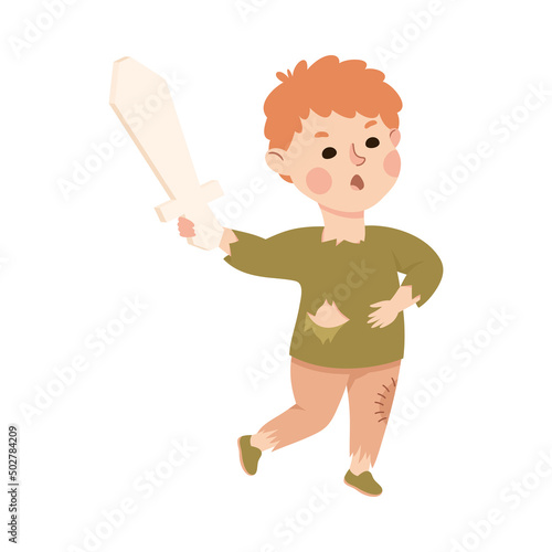 Little Boy in Theater Play Wearing Patched Costume with Sword Performing on Stage Vector Illustration