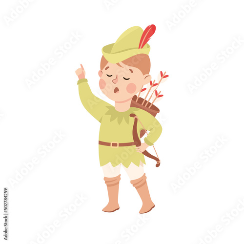 Little Boy in Theater Play Wearing Green Robin Hood Costume Performing on Stage Vector Illustration