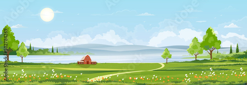Fototapeta Naklejka Na Ścianę i Meble -  Spring landscape at village by the lake with green fields,mountain, blue sky and clouds, Vector nature cartoon scenery Summertime,Panoramic rural countryside by river with clear sky in morning