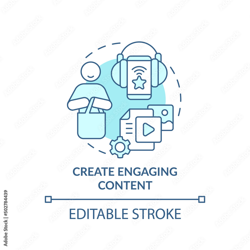 Create engaging content turquoise concept icon. Customer attention span abstract idea thin line illustration. Isolated outline drawing. Editable stroke. Arial, Myriad Pro-Bold fonts used