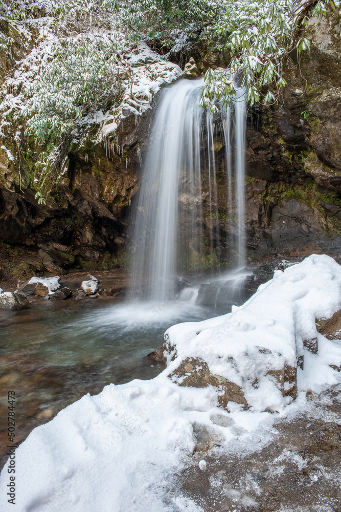 Grotto Falls after April snowstorm, Great Smoky Mountains National Park, Tennessee Grotto Falls after April snowstorm, Great Smoky Mountains National Park, Tennessee
