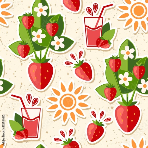 Pattern with juicy strawberries, smoothie, sun, strawberry bush on textured background with small particles like dust. SImple bright illustration. For decoration of food package, decorative prints