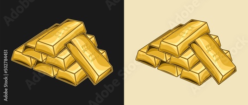 Isolated stack of bars of pure gold, 1000 g. Vintage vector illustration.