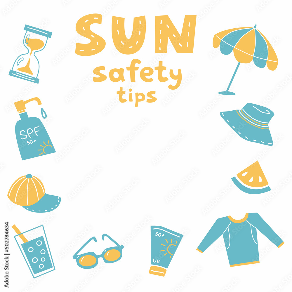 Sun safety tips frame with sun protection elements
