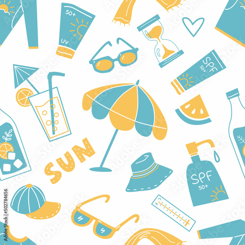 Seamless pattern with sun safety elements.