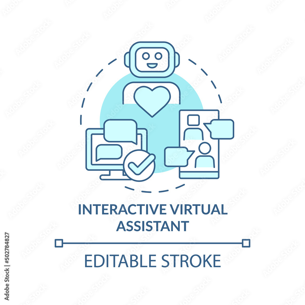 Interactive virtual assistant turquoise concept icon. Type of customer service abstract idea thin line illustration. Isolated outline drawing. Editable stroke. Arial, Myriad Pro-Bold fonts used