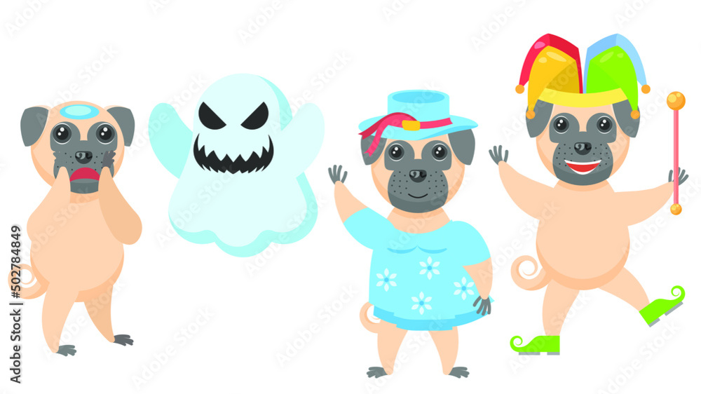 Set Abstract Collection Flat Cartoon Different Animal Pug Dogs Puppy Scared Of A Ghost, Jester In A Hat, In A Blue Dress And A Blue Hat Vector Design Style Elements Fauna Wildlife