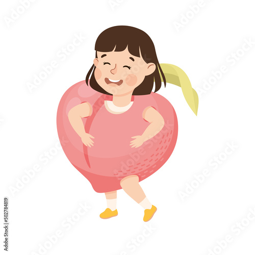 Little Girl in Theater Play Wearing Peach Costume Performing on Stage Vector Illustration