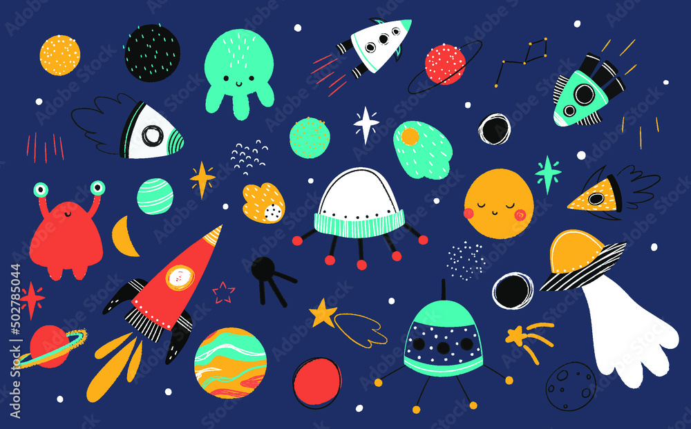 set with space elements, spaceship, moon, planet, stars, vector clipart set with space elements, spaceship, moon, planet, stars, vector clipart