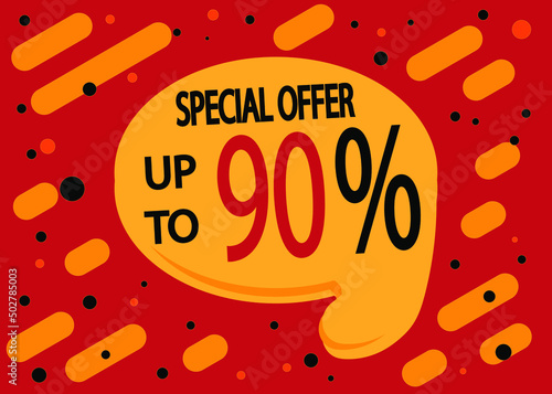 90% off. Sale banner template design. Sale special offer in red and orange.