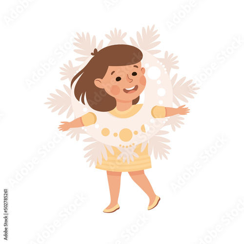 Little Girl in Theater Play Wearing Snowflake Costume Performing on Stage Vector Illustration