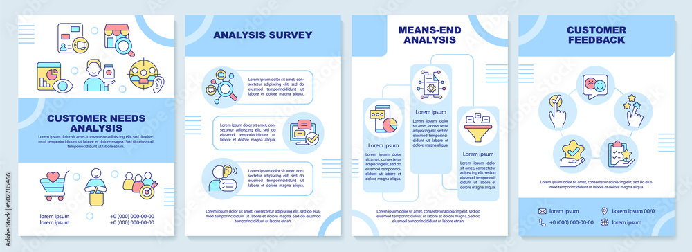 Customer needs analysis brochure template. Marketing strategy. Leaflet design with linear icons. 4 vector layouts for presentation, annual reports. Arial-Black, Myriad Pro-Regular fonts used
