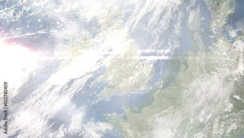 Earth zoom in from outer space to city. Zooming on Wolverhampton, UK. The animation continues by zoom out through clouds and atmosphere into space. Images from NASA photo