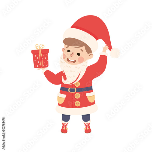 Little Boy in Theater Play Wearing Santa Claus Costume Performing on Stage Vector Illustration
