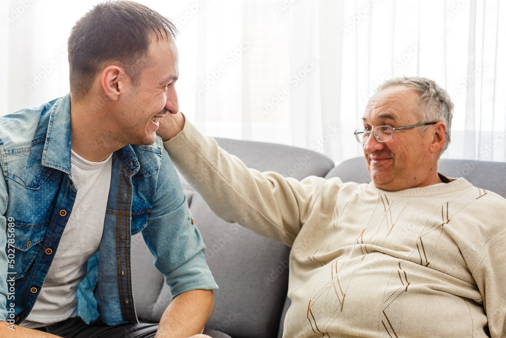 Obraz premium cheerful retired man and adult son talking at home