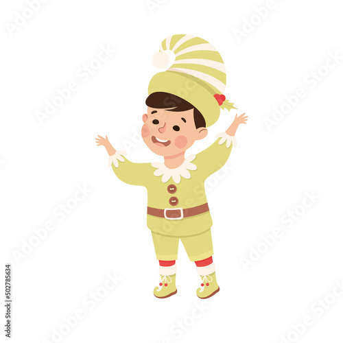 Little Boy in Theater Play Wearing Green Elf Costume Performing on Stage Vector Illustration