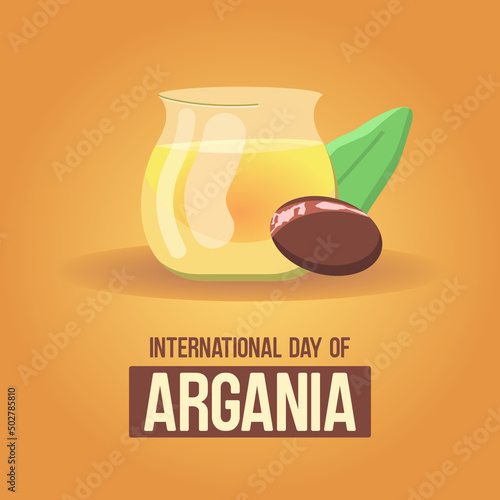 Argan seeds and oil isolated on a orange background. Argan oil nuts with plant vector illustration. International Day of Argania celebration poster design