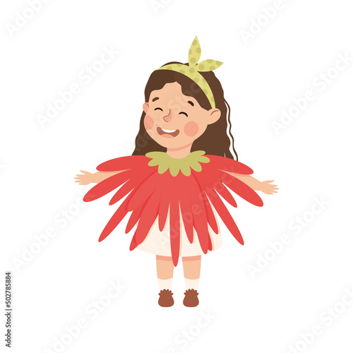 Little Girl in Theater Play Wearing Flower Costume Performing on Stage Vector Illustration