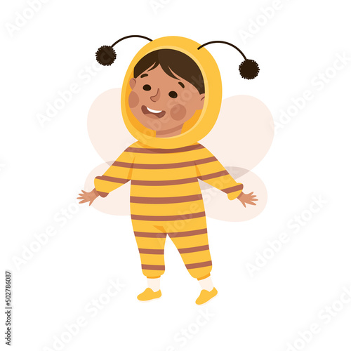 Little Boy in Theater Play Wearing Striped Bee Costume Performing on Stage Vector Illustration