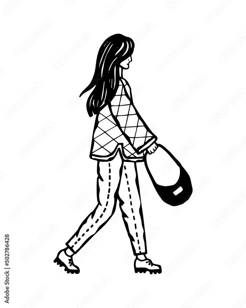 Vector fashion illustration of a girl in a trendy quilted jacket and jeans. Casual fashion. Vector fashion illustration of a girl in a trendy quilted jacket and jeans. Casual fashion.
