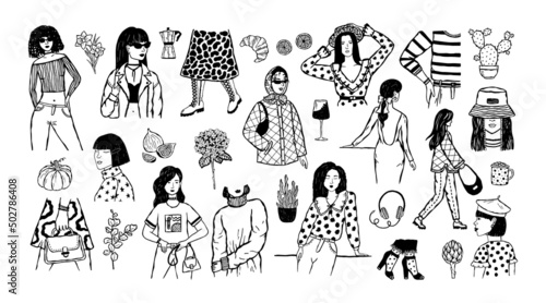 Vector fashion set of illustrations of girls in fashionable modern clothes and objects of daily life. Trendy minimalistic poster.