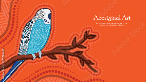 Aboriginal dot art poster design with blue budgie