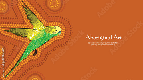 Aboriginal dot art banner design with green budgie