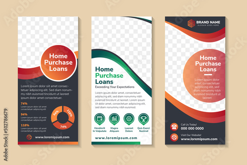 banner template design with example headline is home purchease loans. Curve for space of photo collage. Advertising roll up banner with vertical layout. red green element and black white background.