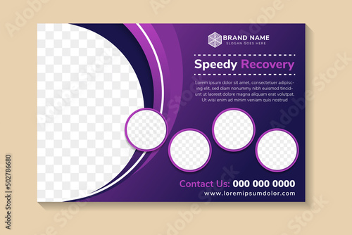 Flyer template design with example headline is Speedy Recovery. Curve for space of photo collage. Advertising banner with horizontal layout. purple blue gradient background.