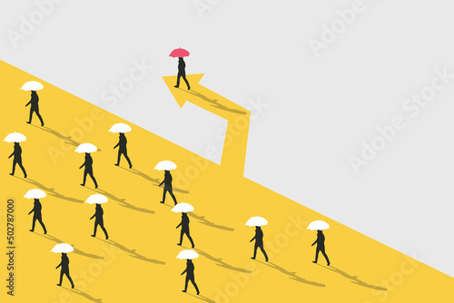 Business man take a new path for business opportunities. Symbol of future, leadership different business routes, career opportunity success.