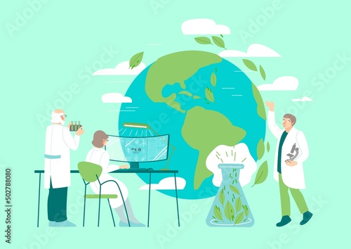 The group of scientist working on futuristic projects. Editable vector illustration