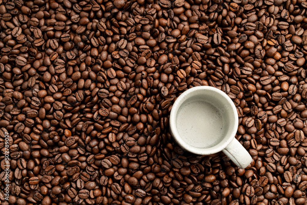 Small empty coffee cup placed onto bed of roasted coffee beans flat lay view Small empty coffee cup placed onto bed of roasted coffee beans flat lay view