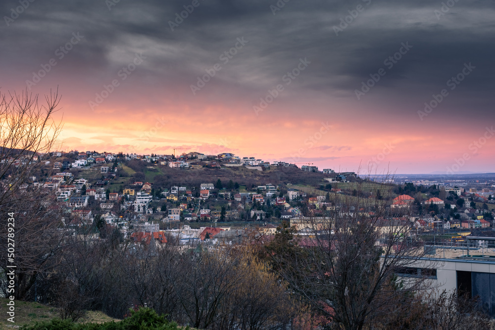 Amazing sunset over the suburbs and the hills of Bratislava,  Slovakia