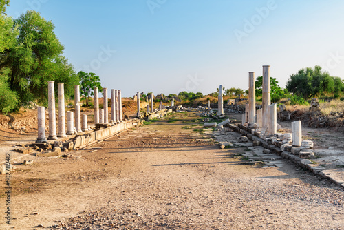 Fotografering Awesome view of the ancient colonnaded road in Side, Turkey