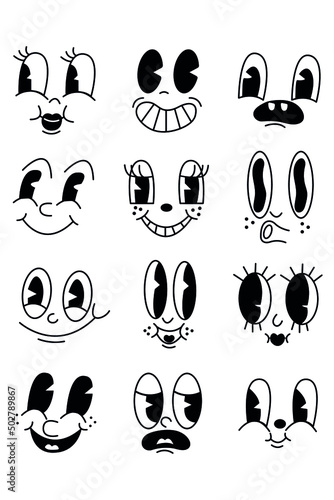 Vector set of faces with emotions. Different mood. Black and white flat illustration.