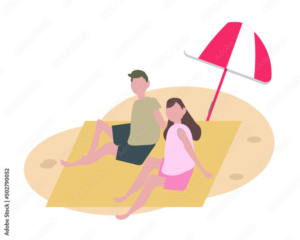 Man woman sitting on beach. Dating couple. Vector illustration 