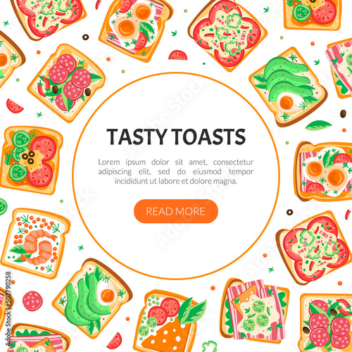 Tasty Toast with Wurst, Sliced Bacon and Egg on Top of It Vector Web Banner Template