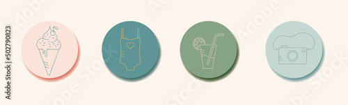 Boutons icones, pictogrammes colorées sur le thème de l'été et des vacances