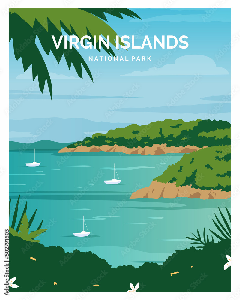 Trunk Bay Beach Virgin Islands National Park background landscape vector illustration. suitable for poster, postcard, art print.