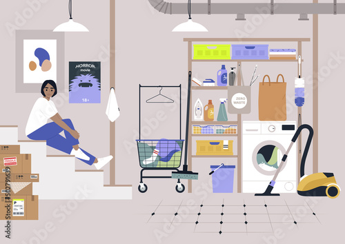 Household storage room in a basement, laundry and cleaning appliances, detergents, buckets and baskets, a young female character sitting on the stairs
