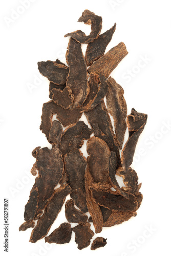 Scrophularia figwort root herb used in traditional Chinese herbal medicine. Used as a heart tonic, is anti inflammatory, treats laryngitis, sore throats and reduces fever. Zuan shen. On white. photo