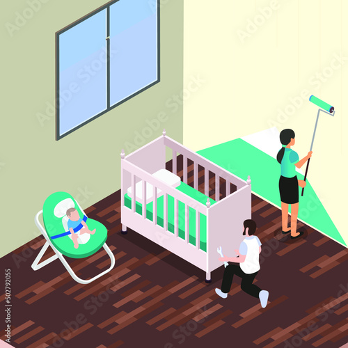 Young family renovates room and build baby cot isometric 3d vector illustration concept for banner, website, illustration, landing page, flyer, etc.