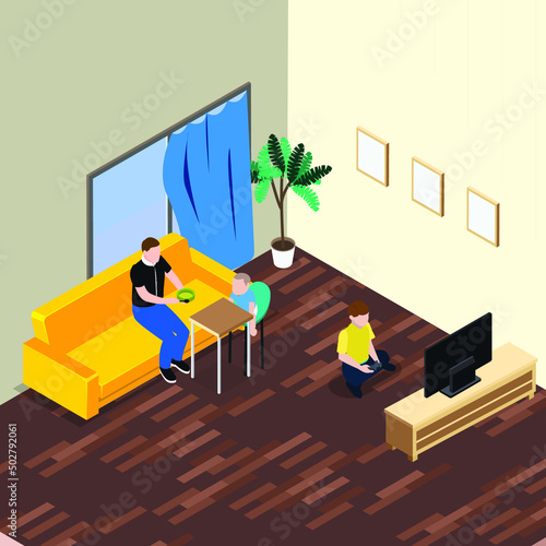 Single father feeding baby while other son playing video game isometric 3d vector illustration concept for banner, website, illustration, landing page, flyer, etc.