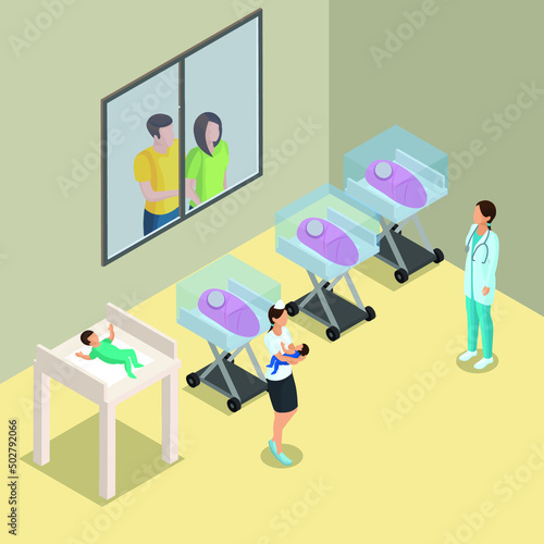 Newborn care hospital nursery with babies in cribs isometric 3d vector illustration concept for banner, website, illustration, landing page, flyer, etc.