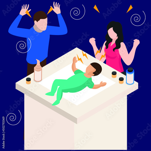 Parenthood Stress and Fatigue caused by crying baby - baby sleep problems isometric 3d vector illustration concept for banner, website, illustration, landing page, flyer, etc.