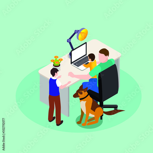 Single parent father working from home with two kids and dog isometric 3d vector illustration concept for banner, website, illustration, landing page, flyer, etc.