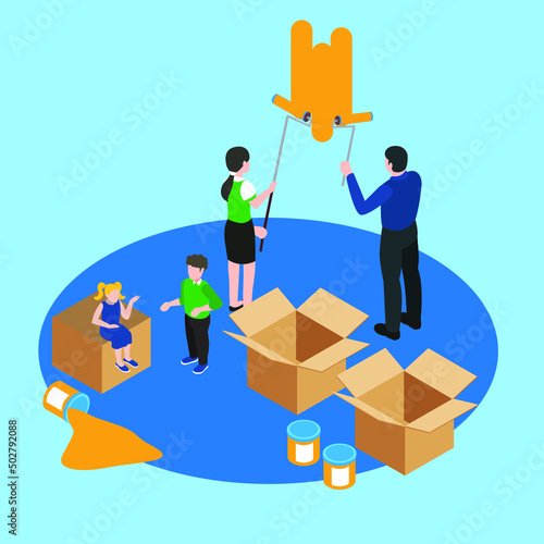 Home renovation - Young parents painting new room isometric 3d vector illustration concept for banner, website, illustration, landing page, flyer, etc.