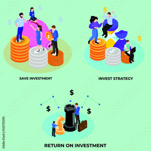 Business investor - investment strategy to get return on investment isometric 3d vector illustration concept for banner, website, illustration, landing page, flyer, etc.